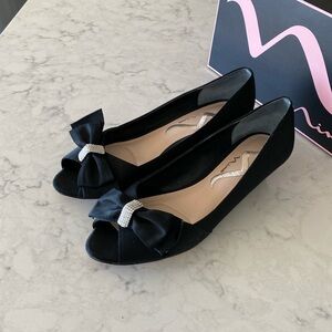Nina Black Luster Satin Raiyana low wedge evening shoes